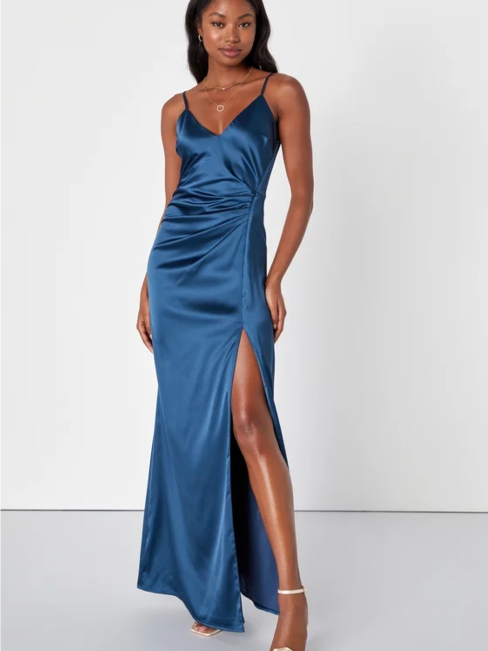 Lulu's Delightful Allure Dark Blue Satin Pleated Backless Maxi Dress Medium - Picture 1 of 6